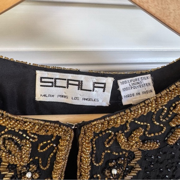 Scala Vintage Black Beaded Silk Open Front Evening Jacket Gold Boarder XL - Picture 2 of 10